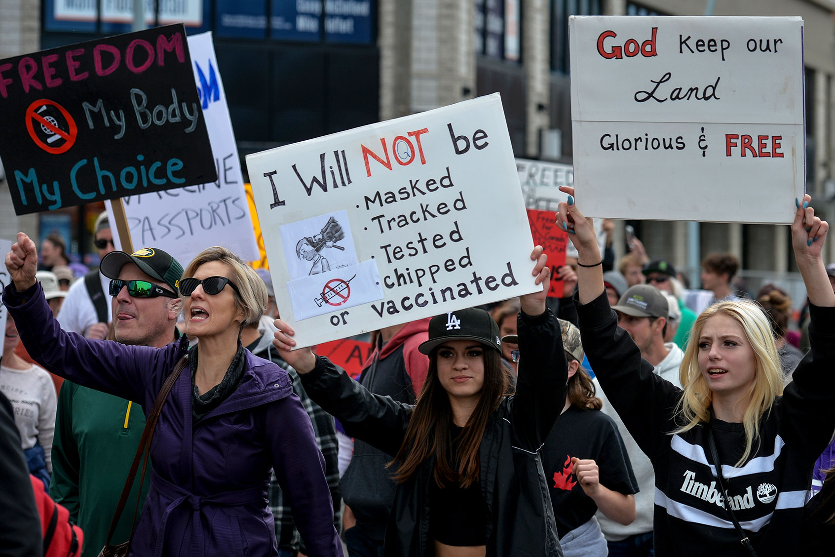 Hundreds of people attended the 'World Wide Rally for Freedom' outside the Alberta Legislature on Saturday afternoon, in one of several scheduled demonstrations across the world. (Artur Widak/NurPhoto via Getty Images)
