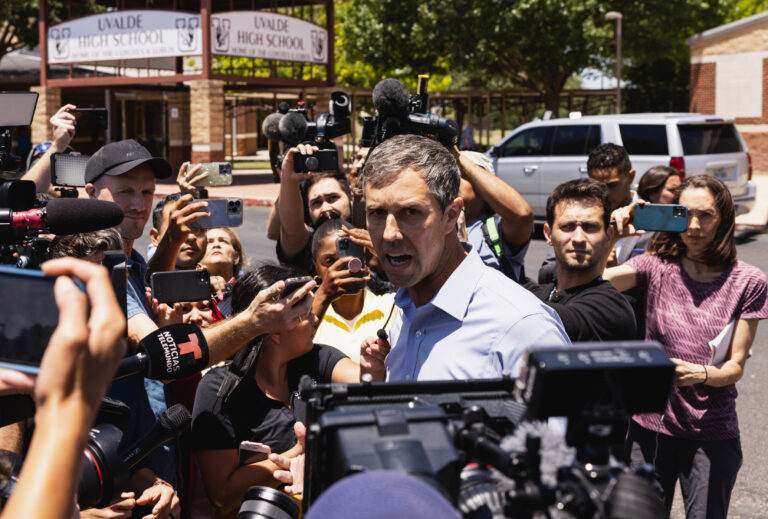 Democratic gubernatorial candidate Beto O'Rourke speaks to the media after interrupting a press conference held by Texas Gov. Greg Abbott on May 25, 2022 in Uvalde, Texas. (Jordan Vonderhaar/Getty Images)