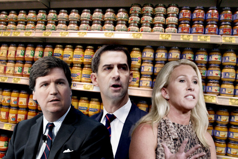 Tucker Carlson, Tom Cotton and Marjorie Taylor Greene in front of shelves of baby food (Photo illustration by Salon/Getty Images)