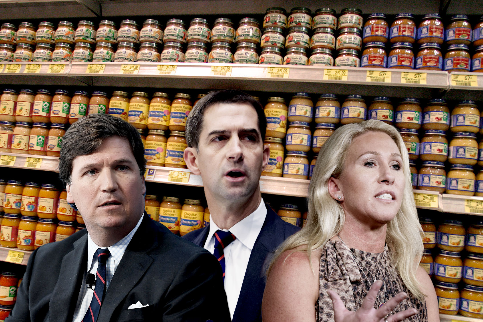 Tucker Carlson, Tom Cotton and Marjorie Taylor Greene in front of shelves of baby food (Photo illustration by Salon/Getty Images)