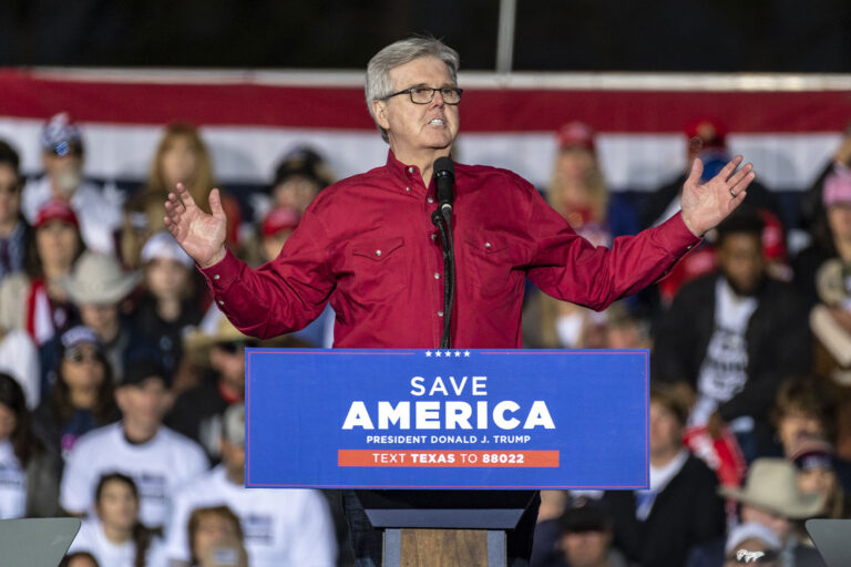 Texas Lt. Gov. Dan Patrick speaks to a crowd at a rally for former President Trump at the Montgomery County Fairgrounds on Saturday, Jan. 29, 2022 in Conroe, TX. (Sergio Flores/Anadolu Agency via Getty Images)