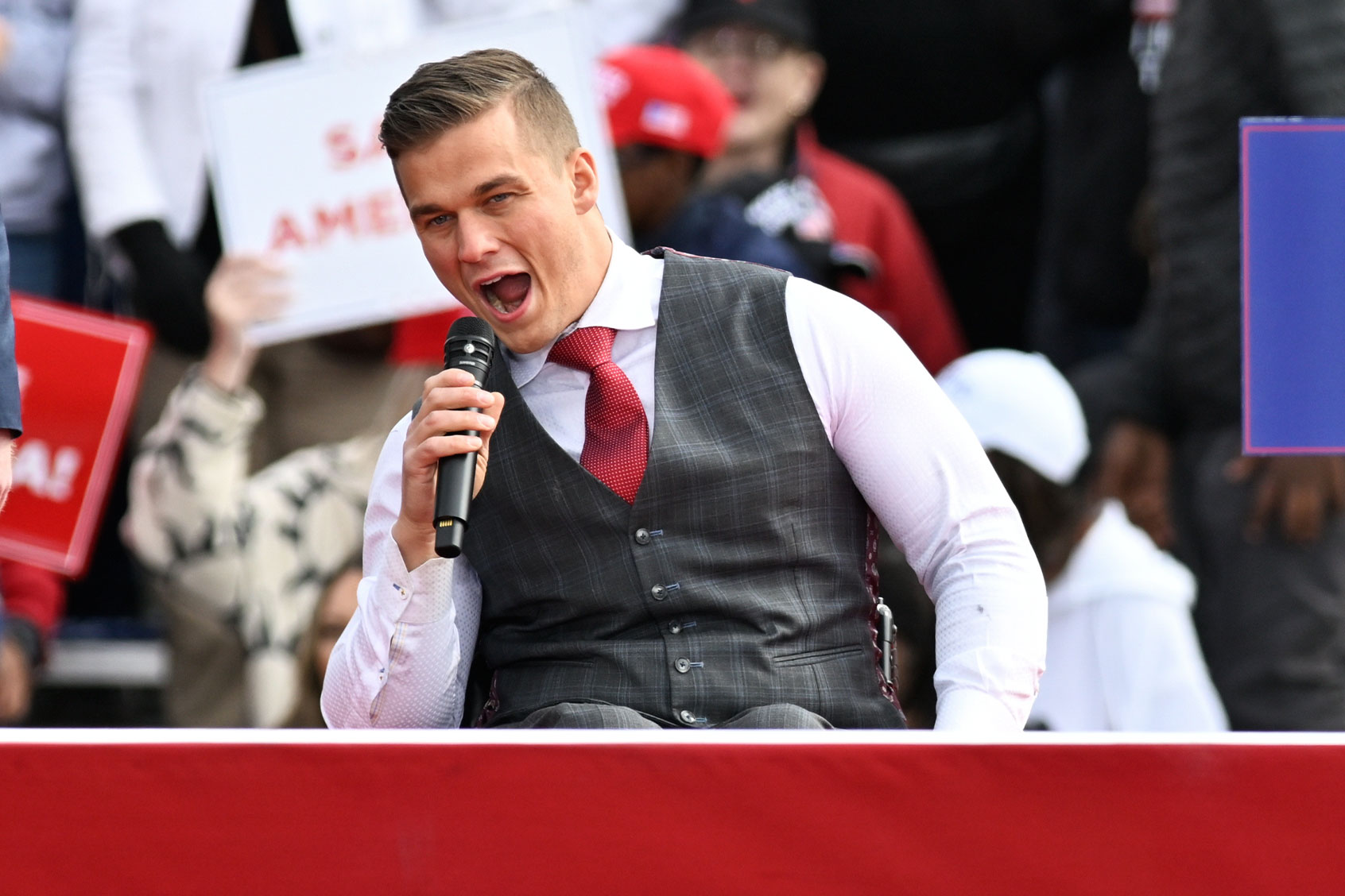 Madison Cawthorn speaks during former US President Donald Trump's rally in Selma, NC, on April 9, 2022. (Peter Zay/Anadolu Agency via Getty Images)