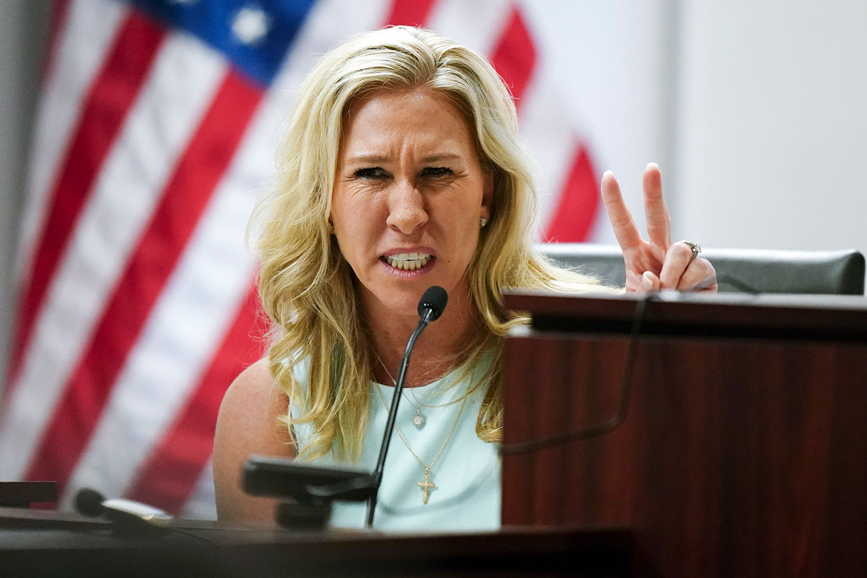 U.S. Rep. Marjorie Taylor Greene speaks during a court hearing on April 22, 2022 in Atlanta, Georgia. (John Bazemore-Pool/Getty Images)