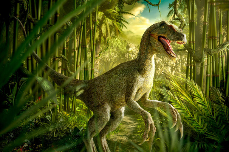 Velociraptor dinosaur in lush green jungle (Getty Images/Chris Clor)