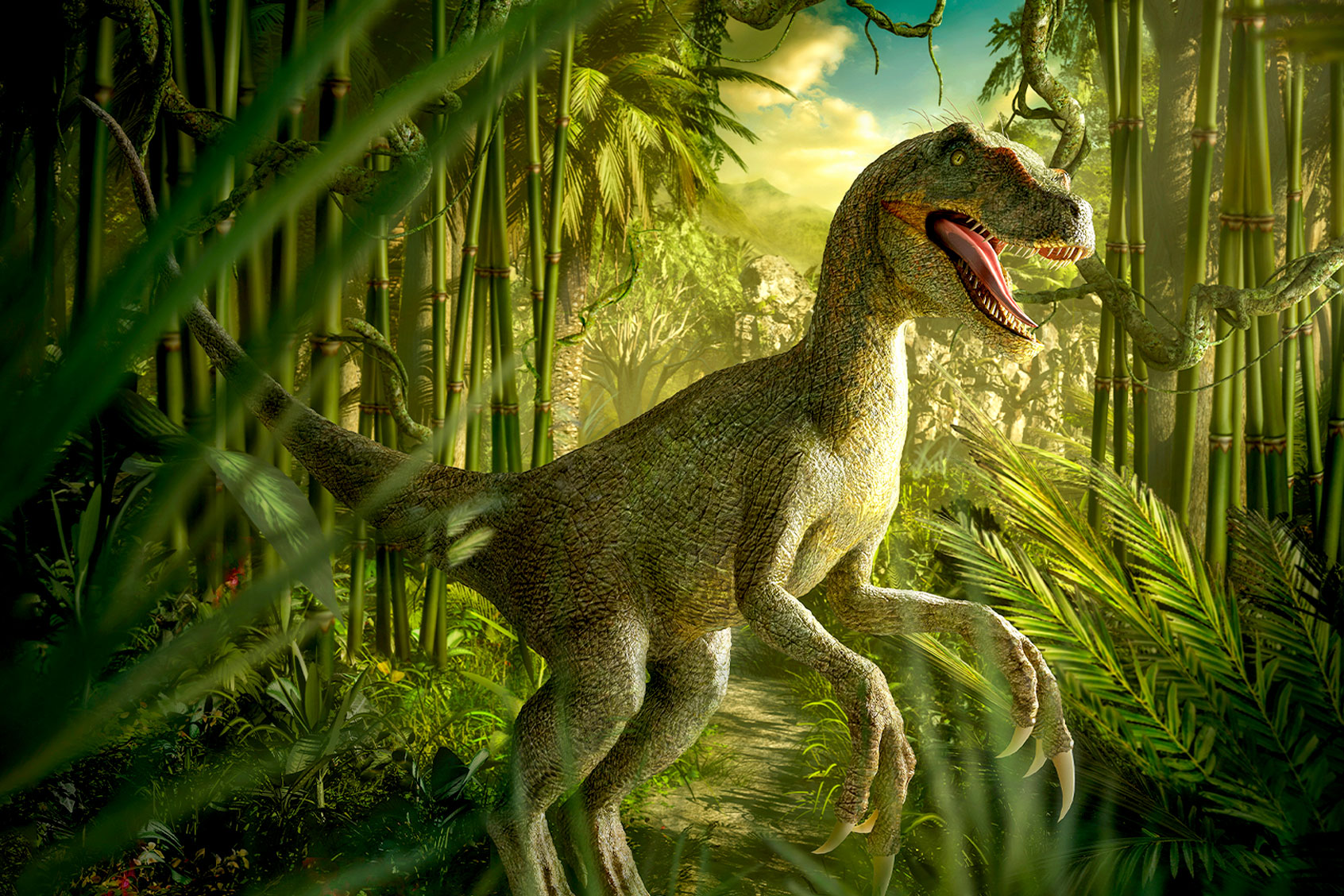 Velociraptor dinosaur in lush green jungle (Getty Images/Chris Clor)