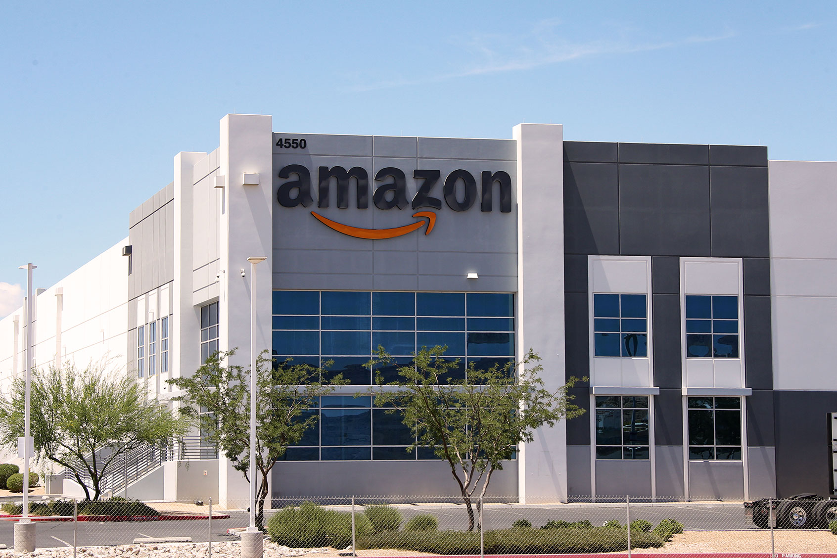 An exterior view of an Amazon fulfillment center. (Gabe Ginsberg/SOPA Images/LightRocket via Getty Images)