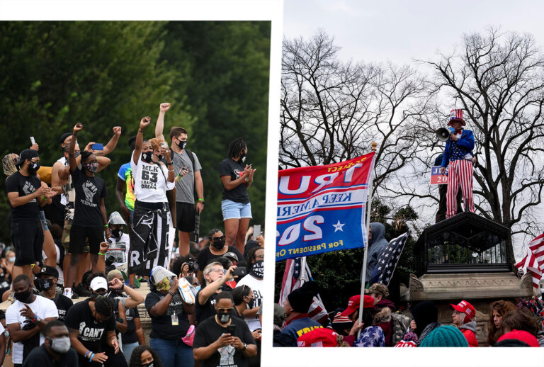 People attend the "Commitment March: Get Your Knee Off Our Necks" protest against racism and police brutality, on August 28, 2020, at the Lincoln Memorial in Washington, DC. | Supporters of U.S. President Donald Trump gather near the U.S. Capitol building in Washington, D.C., the United States, on Jan. 6, 2020. (Photo illustration by Salon/Getty Images)