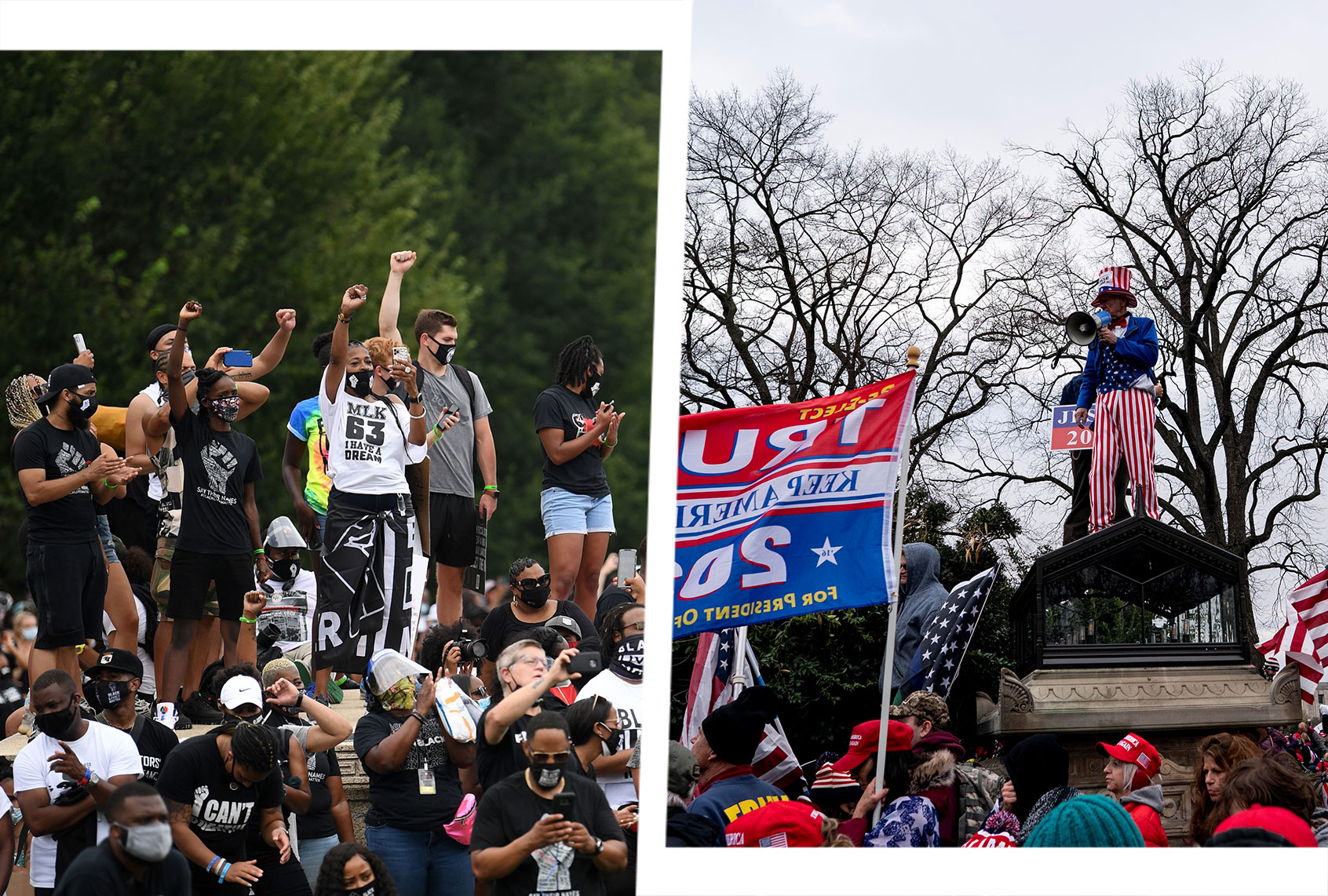 People attend the "Commitment March: Get Your Knee Off Our Necks" protest against racism and police brutality, on August 28, 2020, at the Lincoln Memorial in Washington, DC. | Supporters of U.S. President Donald Trump gather near the U.S. Capitol building in Washington, D.C., the United States, on Jan. 6, 2020. (Photo illustration by Salon/Getty Images)