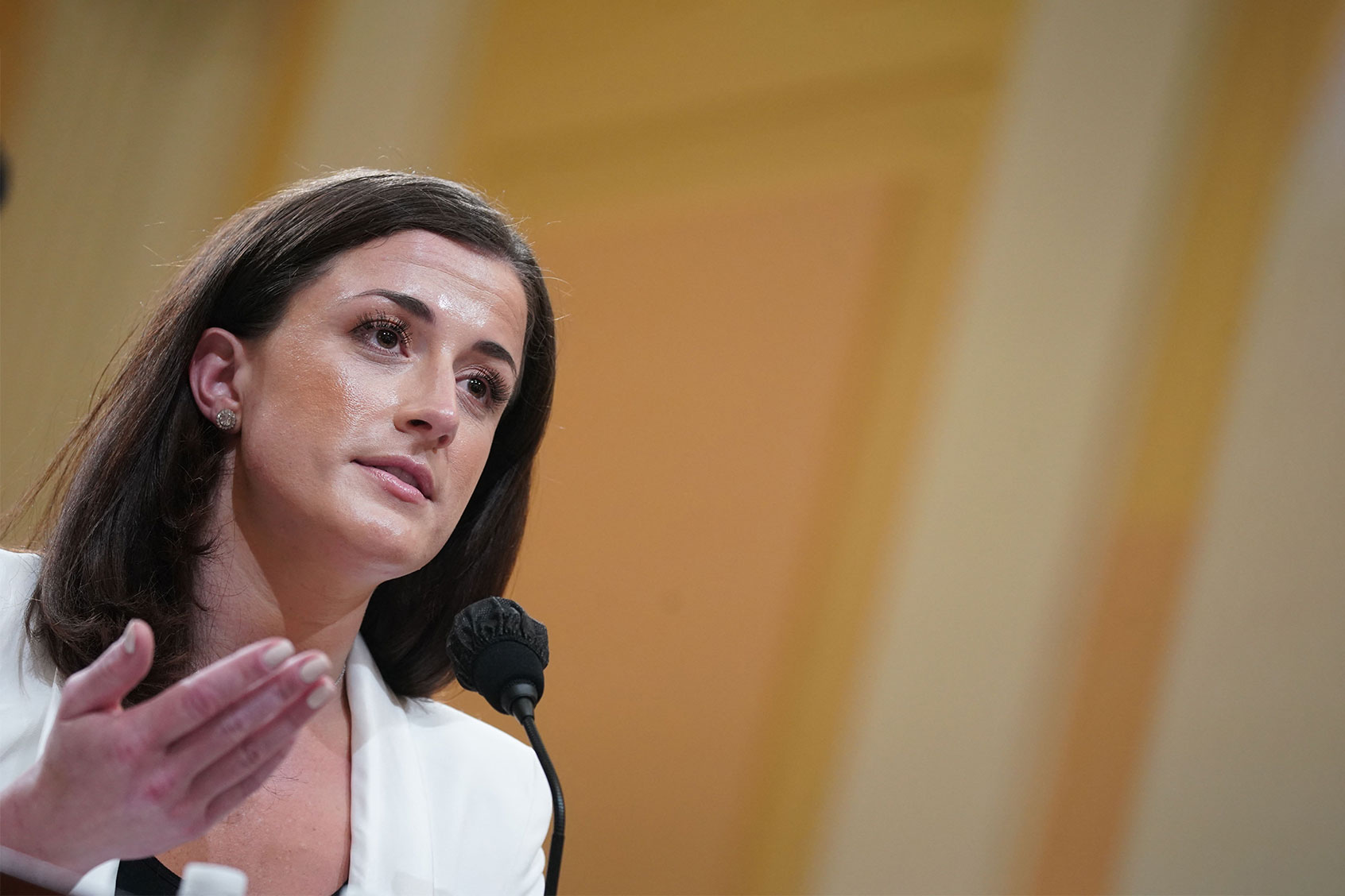 Cassidy Hutchinson, a top aide to former White House Chief of Staff Mark Meadows, testifies during the sixth hearing by the House Select Committee to Investigate the January 6th Attack on the US Capitol, in Washington, DC, on June 28, 2022. (STEFANI REYNOLDS/AFP via Getty Images)