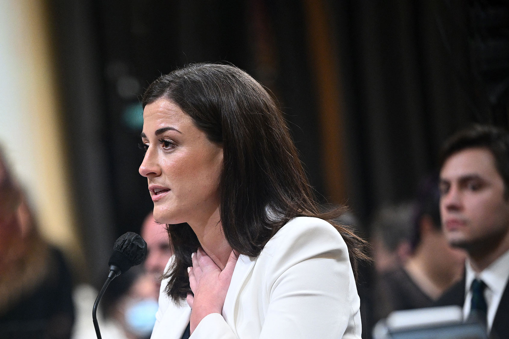 Cassidy Hutchinson, an aide to then White House chief of staff Mark Meadows, describes the actions of former US president Donald Trump as he was returing in the limousine to the White House after speaking to supporters on the Ellipse, during a House Select Committee hearing to Investigate the January 6th Attack on the US Capitol, in the Cannon House Office Building on Capitol Hill in Washington, DC on June 28, 2022. (MANDEL NGAN/AFP via Getty Images)