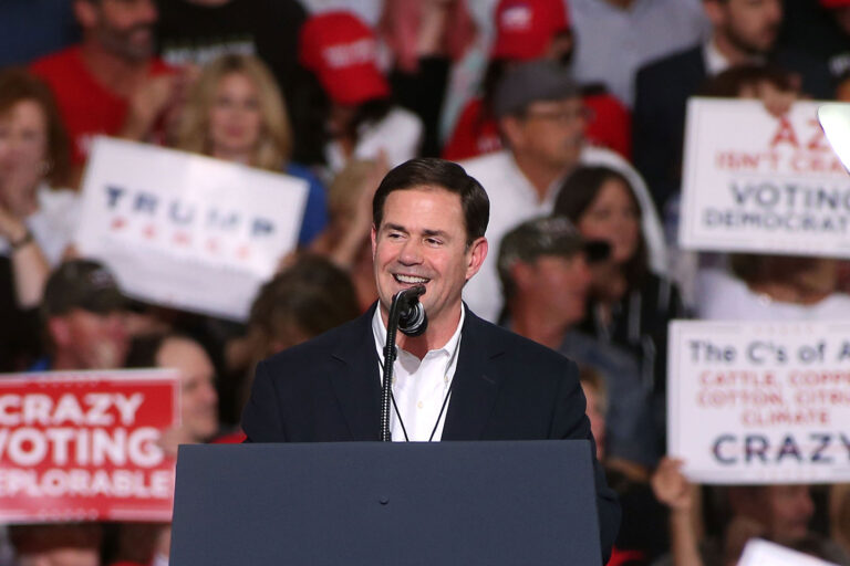 Arizona Gov. Doug Ducey speaks during a rally for President Donald Trump at the International Air Response facility on October 19, 2018 in Mesa, Arizona. (Ralph Freso/Getty Images)