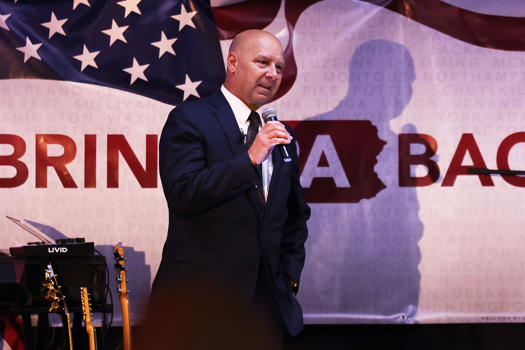 Republican gubernatorial candidate Doug Mastriano speaks at an election-night party at The Orchards on May 17, 2022 in Chambersburg, Pennsylvania. (Michael M. Santiago/Getty Images)