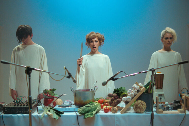Asa Butterfield as Billy Rubin, Fatma Mohamed as Elle Di Elle, and Ariane Labed as Lamina Propria in Peter Strickland’s "Flux Gourmet" (IFC Midnight)