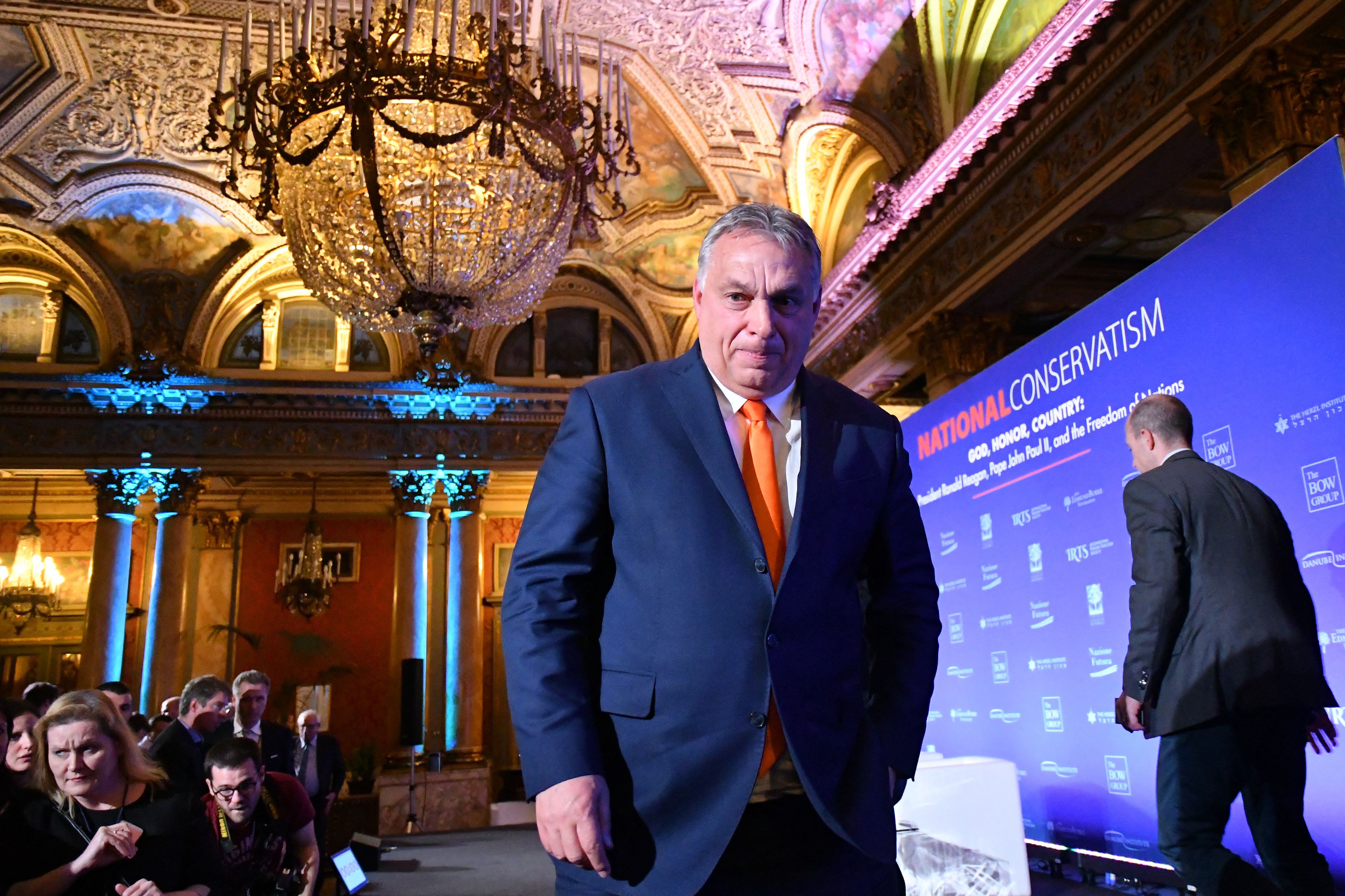 Hungarian Prime Minister Viktor Orbán leaving the stage after addressing the National Conservatism conference on Feb. 4, 2020, in Rome. (Alberto Pizzoli/AFP via Getty Images)