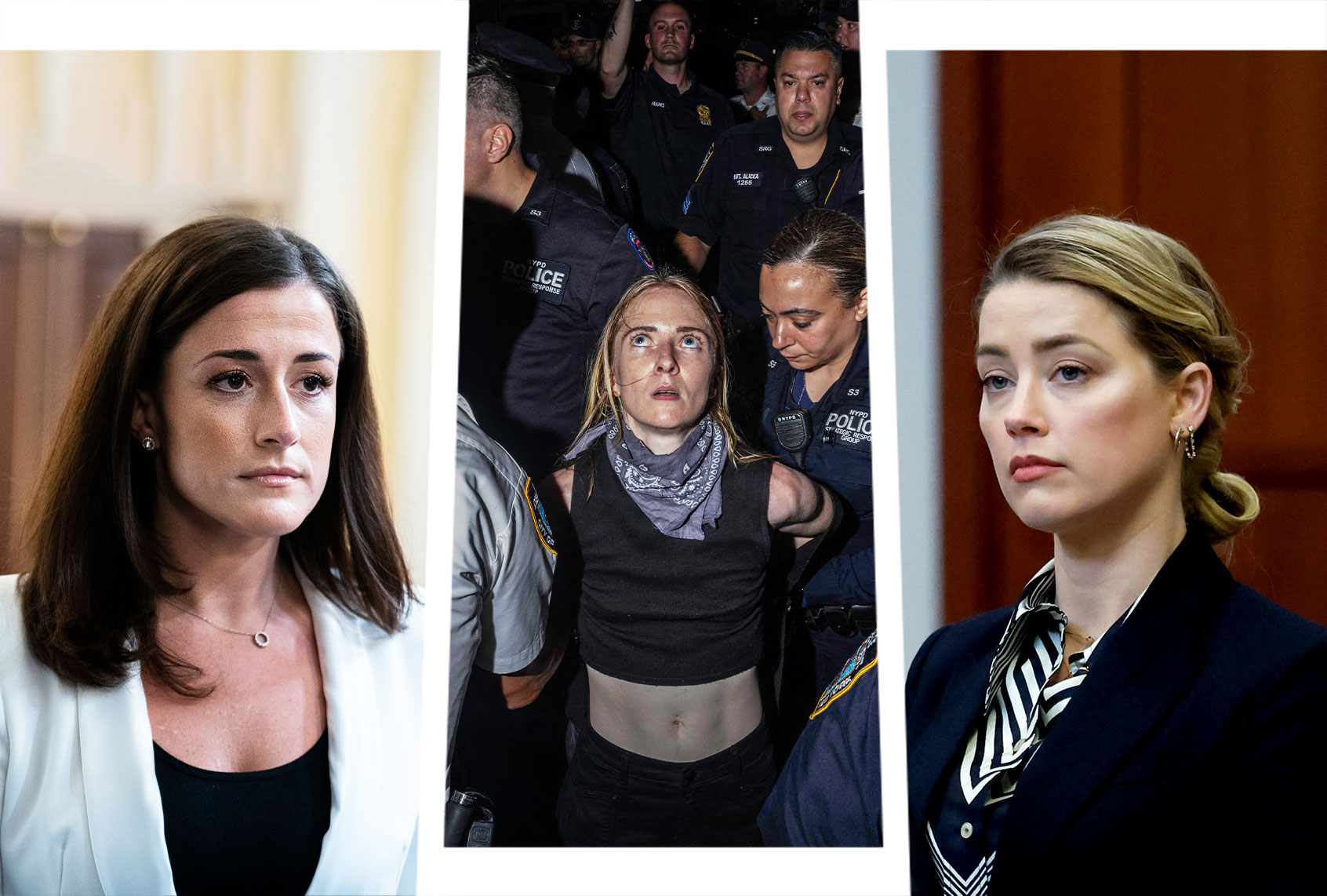 Cassidy Hutchinson, an aide to former White House Chief of Staff Mark Meadows arrives to testify during the Select Committee to Investigate the January 6th Attack on the United States Capitol hearing | NYPD officers arrest abortion rights activist after they blocked traffic while protesting the overturning of Roe Vs. Wade by the US Supreme Court, in New York | Actor Amber Heard attends her ex-husband Johnny Depp's defamation trial against her (Photo illustration by Salon)