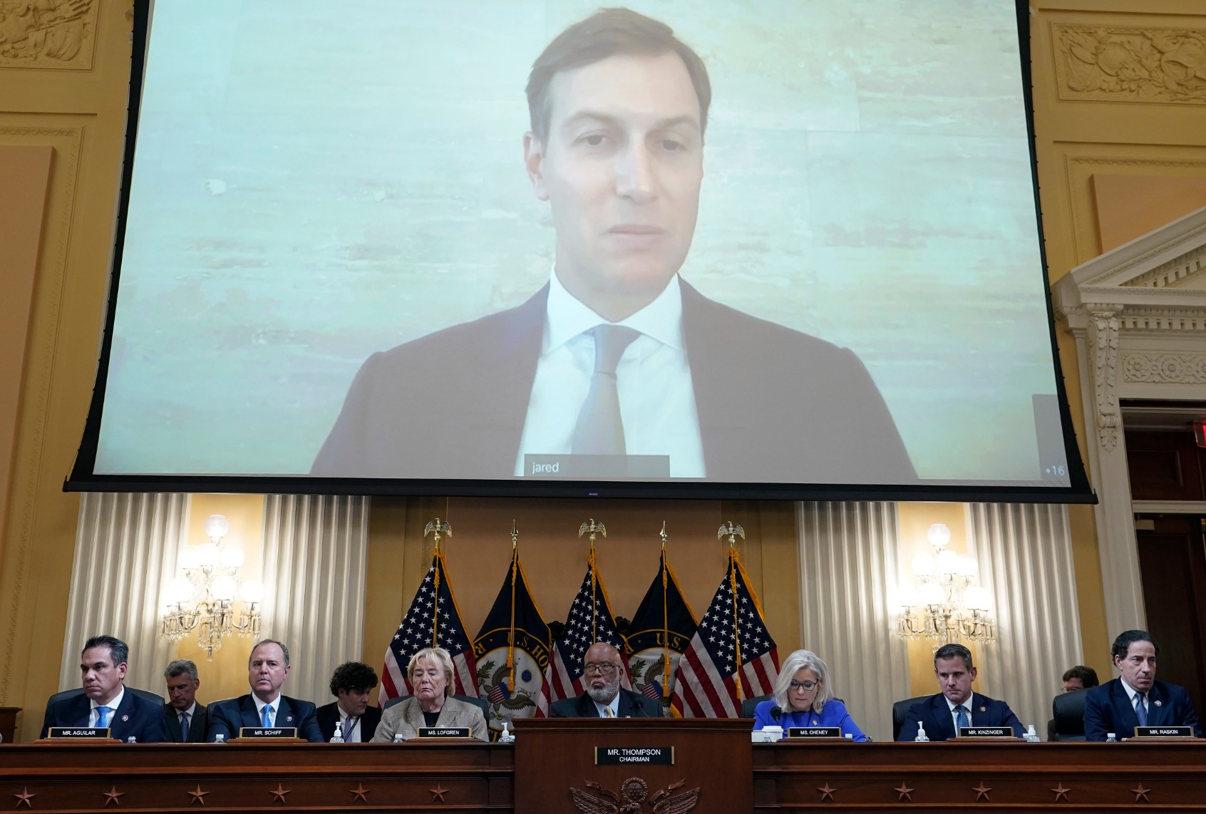 Former President Donald Trump's son-in-law Jared Kushner is seen on a screen during a hearing by the Select Committee to Investigate the January 6th Attack on the U.S. Capitol on June 09, 2022 in Washington, DC. (Photo by Drew Angerer/Getty Images)