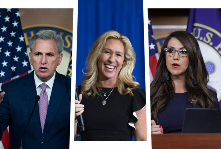 Kevin McCarthy, Marjorie Taylor Greene and Lauren Boebert (Photo illustration by Salon/Getty Images)