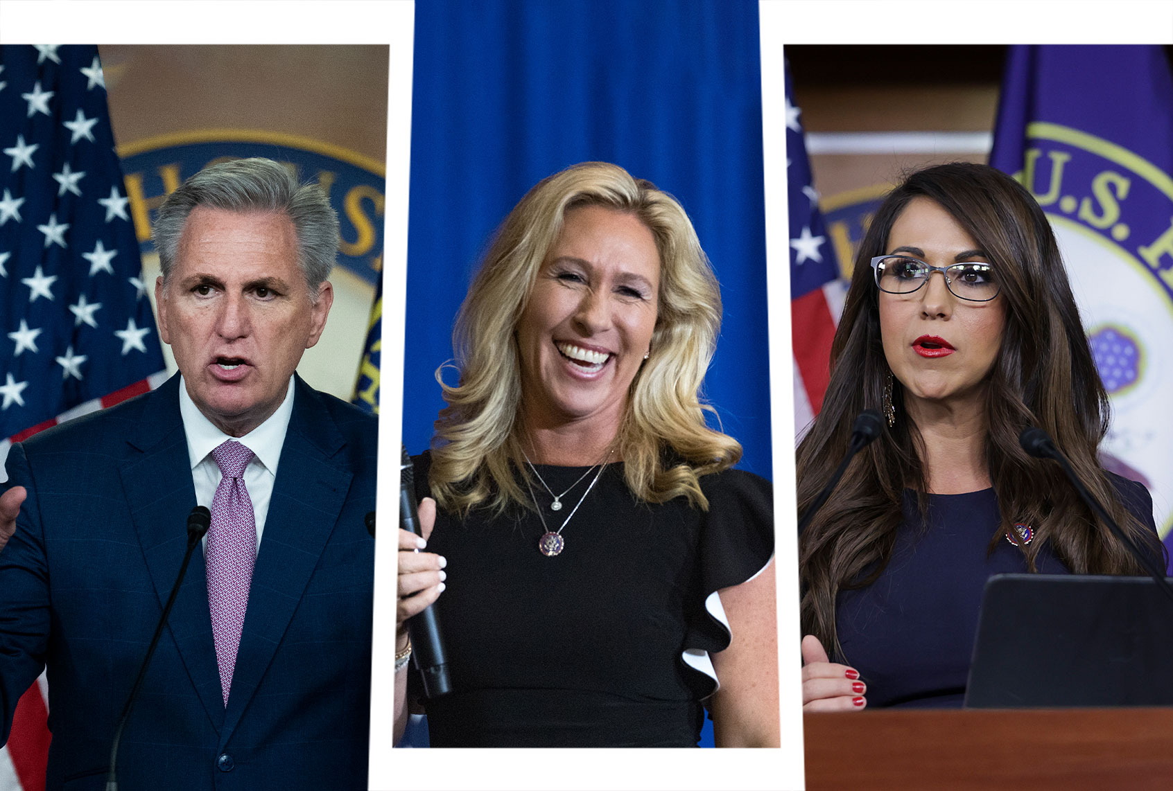Kevin McCarthy, Marjorie Taylor Greene and Lauren Boebert (Photo illustration by Salon/Getty Images)
