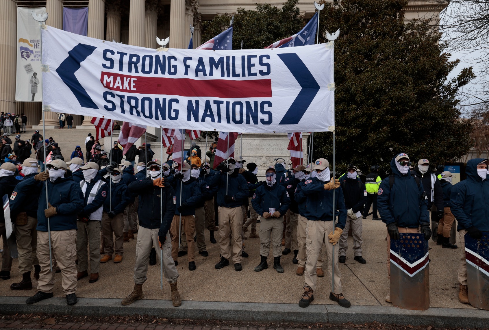 Members of the Patriot Front attend the 49th annual March for Life rally on January 21, 2022 in Washington, DC. (Photo by Anna Moneymaker/Getty Images)