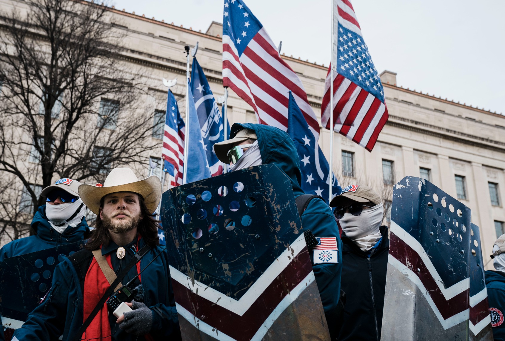 Members of the right-wing group, the Patriot Front, and their founder, Thomas Ryan Rousseau, second from left, prepare to march with anti-abortion activists during the 49th annual March for Life along Constitution Ave. on Friday, Jan. 21, 2022 in Washington, DC. (Kent Nishimura / Los Angeles Times via Getty Images)
