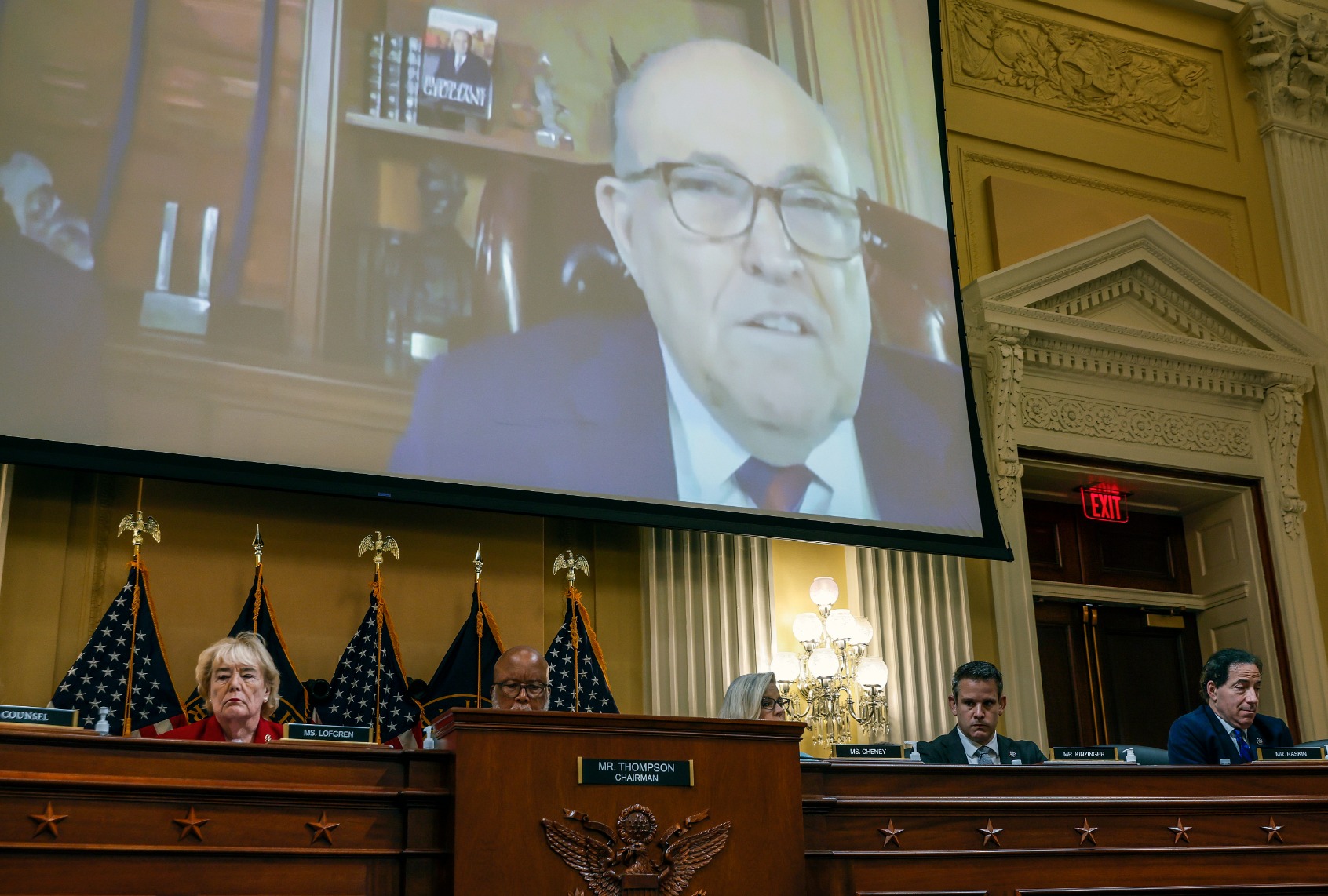Video from a deposition with former President Trump advisor Rudy Giuliani is played during a hearing by the Select Committee to Investigate the January 6th Attack on the U.S. Capitol in the Cannon House Office Building on June 13, 2022 in Washington, DC. (Photo by Chip Somodevilla/Getty Images)