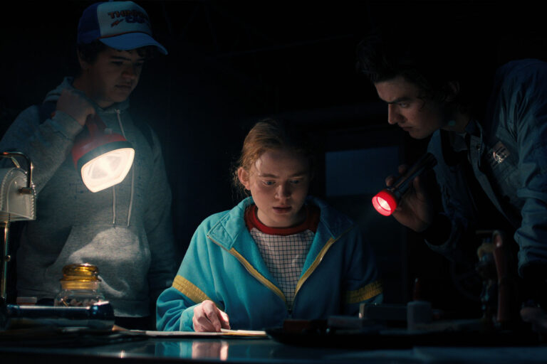 Gaten Matarazzo as Dustin Henderon, Sadie Sink as Max Mayfield and Joe Keery as Steve Harrington in "Stranger Things" (Netflix)