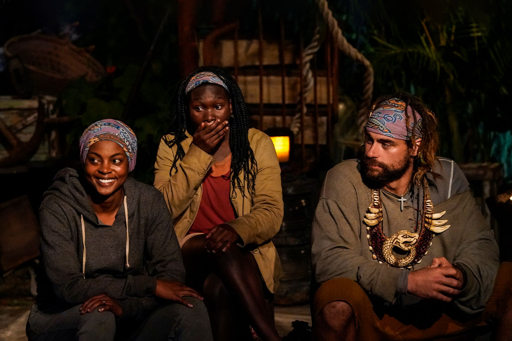 17h
Drea Wheeler, Maryanne Oketch and Jonathon Young. Day 21, Tribal Council #11, of "Survivor" Season 42. (Robert Voets/CBS Entertainment)