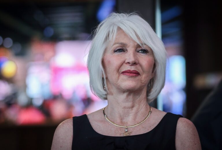 Mesa County Clerk and Colorado Republican candidate for secretary of state Tina Peters reacts to early election returns during a primary night watch party at the Wide Open Saloon on June 28, 2022 in Sedalia, Colorado. (Marc Piscotty/Getty Images)