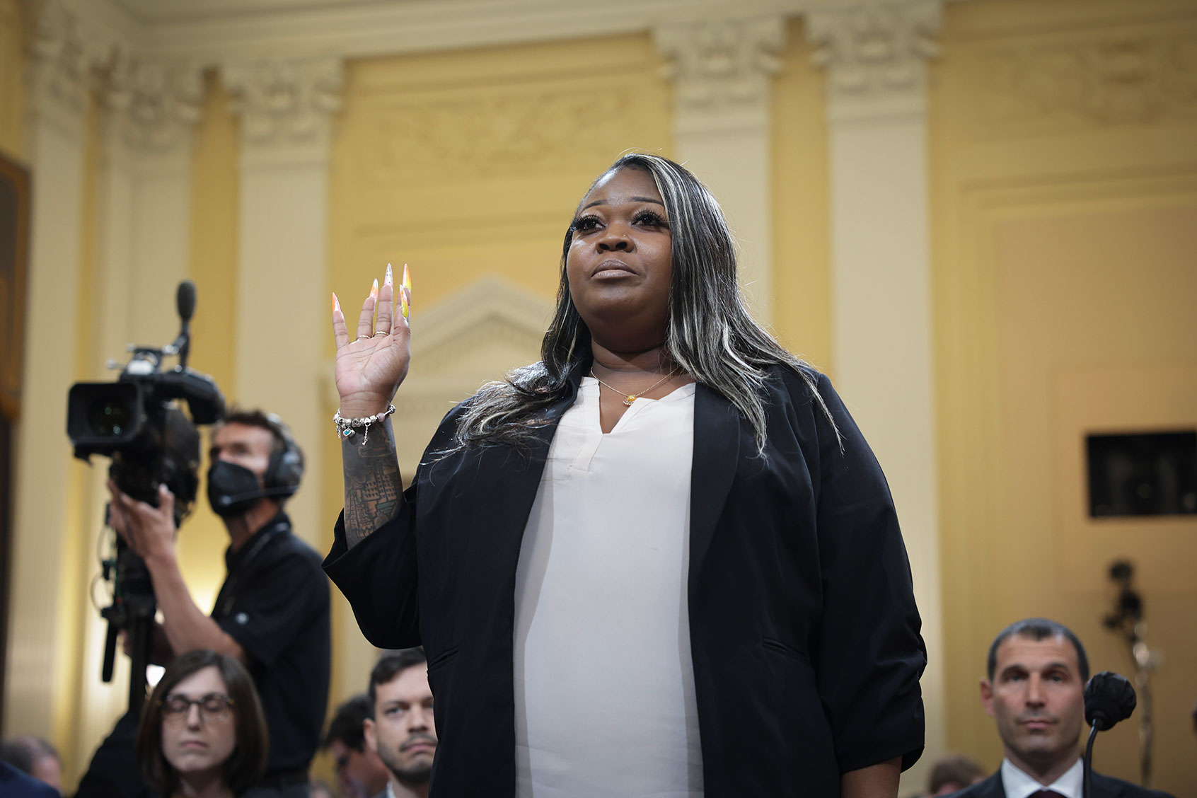 Wandrea ArShaye “Shaye” Moss, former Georgia election worker, is sworn in prior to testifying during the fourth hearing on the January 6th investigation in the Cannon House Office Building on June 21, 2022 in Washington, DC. (Kevin Dietsch/Getty Images)