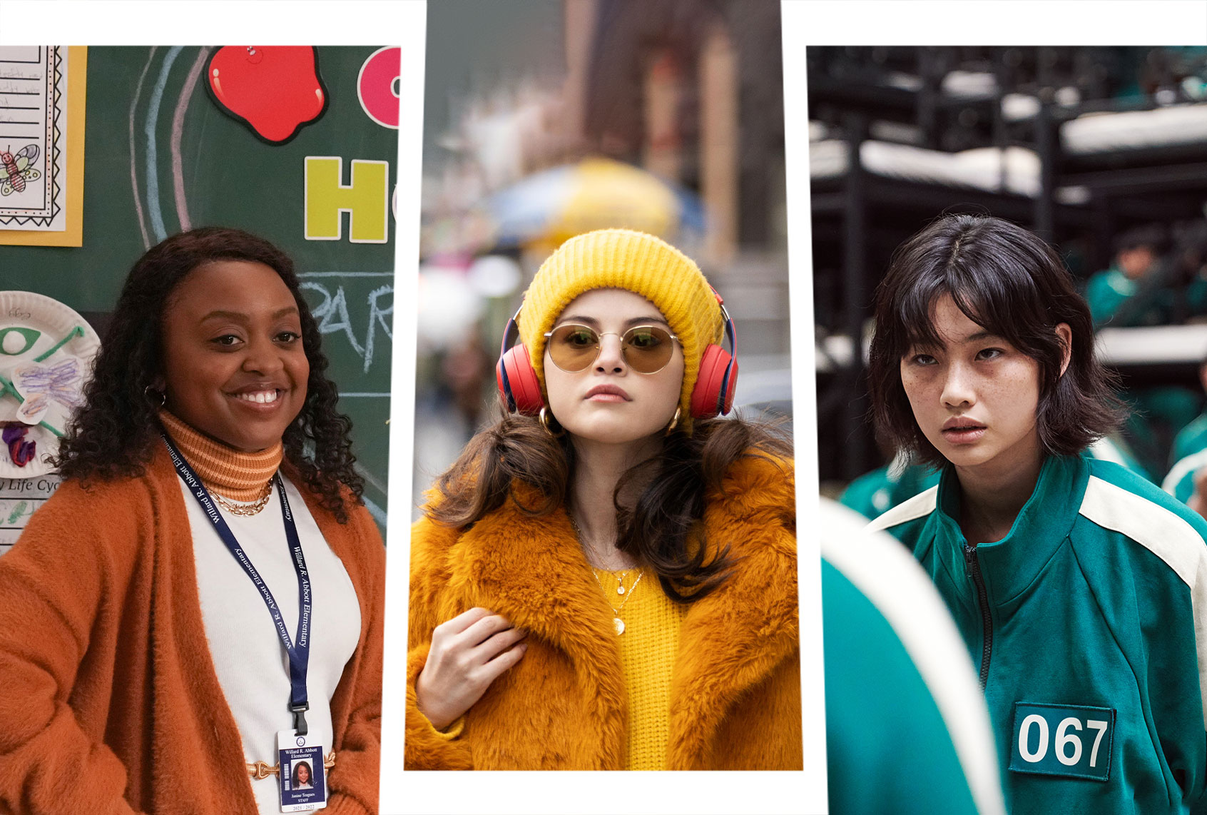Quinta Brunson in "Abbott Elementary" | ﻿Selena Gomez in "Only Murders in the Building" | ﻿﻿Jung Ho-yeon in "Squid Game" (Photo illustration by Salon/ABC/Scott Everett White/Craig Blankenhorn/Hulu/Noh Juhan/Netflix)