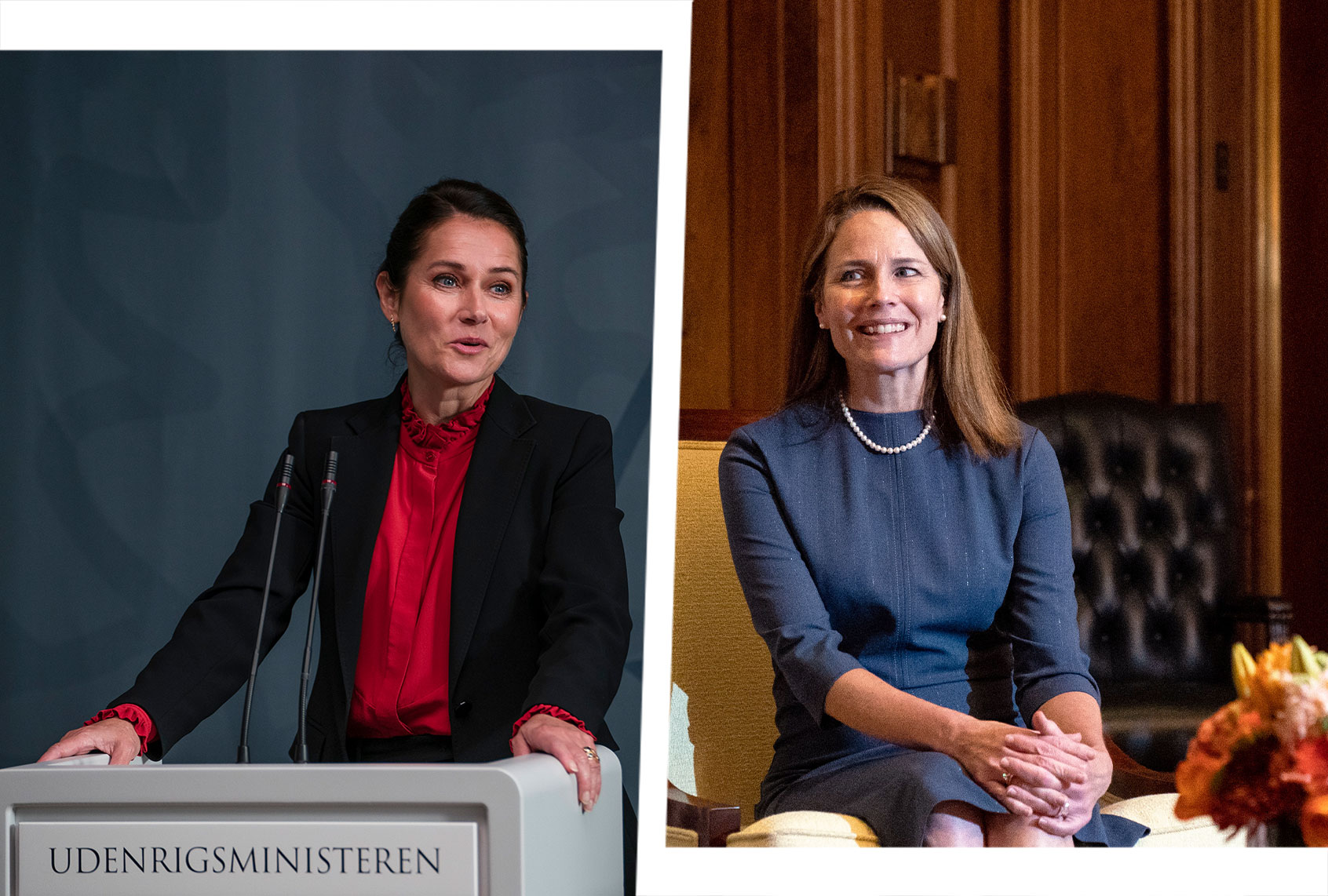 Sidse Babett Knudsen as Birgitte Nyborg in "Borgen" and US Supreme Court Justice Amy Coney Barrett (Photo illustration by Salon / Mike Kollöffel / Netflix / Anna Moneymaker / Getty Images)
