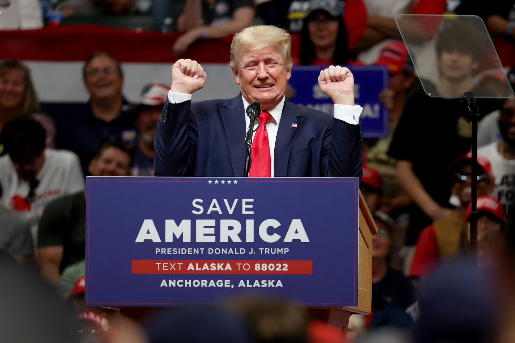 Former U.S. President Donald Trump speaks during a "Save America" rally at Alaska Airlines Center on July 09, 2022 in Anchorage, Alaska. (Justin Sullivan/Getty Images)