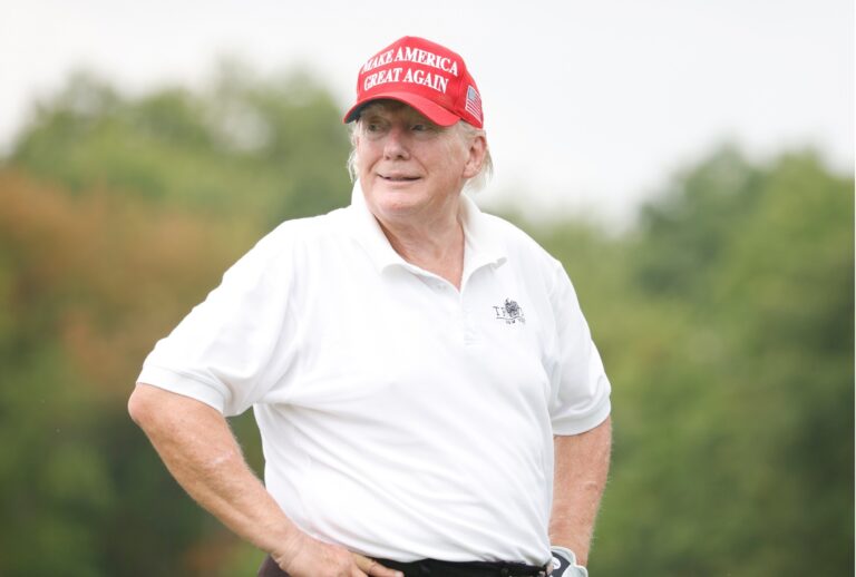 Former U.S. President Donald Trump looks on during the pro-am prior to the LIV Golf Invitational - Bedminster at Trump National Golf Club Bedminster on July 28, 2022. (Cliff Hawkins/Getty Images)