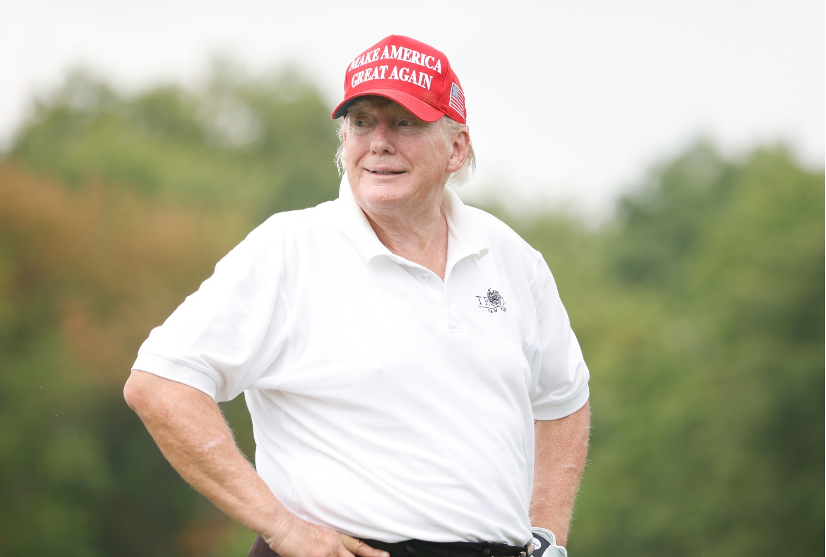Former U.S. President Donald Trump looks on during the pro-am prior to the LIV Golf Invitational - Bedminster at Trump National Golf Club Bedminster on July 28, 2022. (Cliff Hawkins/Getty Images)