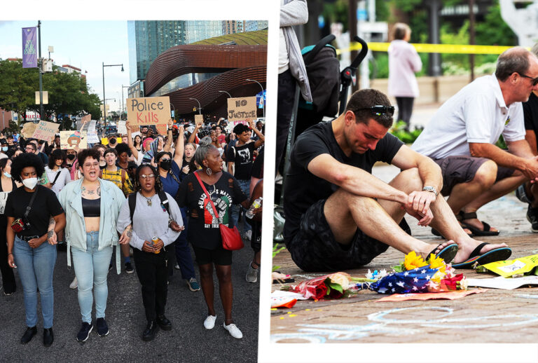 BLM protesters gather outside of Barclays Center and take streets in Brooklyn, New York City, United States on July 6, 2022 to protest against the killing of Jayland Walker, by Akron Police in Akron, Ohio. | Mourners react at a memorial site for the victims of a mass shooting at a Fourth of July parade, on July 6, 2022 in Highland Park, Illinois. (Photo illustration by Salon/Getty Images/Tayfun Coskun/Anadolu Agency/Jim Vondruska)