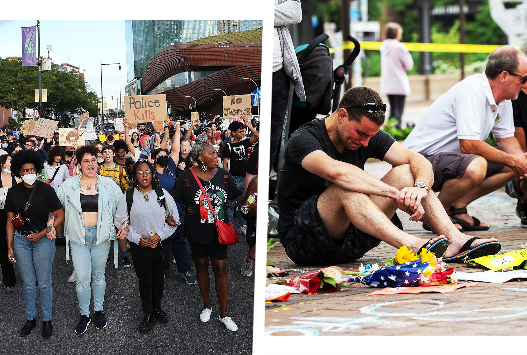 BLM protesters gather outside of Barclays Center and take streets in Brooklyn, New York City, United States on July 6, 2022 to protest against the killing of Jayland Walker, by Akron Police in Akron, Ohio. | Mourners react at a memorial site for the victims of a mass shooting at a Fourth of July parade, on July 6, 2022 in Highland Park, Illinois. (Photo illustration by Salon/Getty Images/Tayfun Coskun/Anadolu Agency/Jim Vondruska)