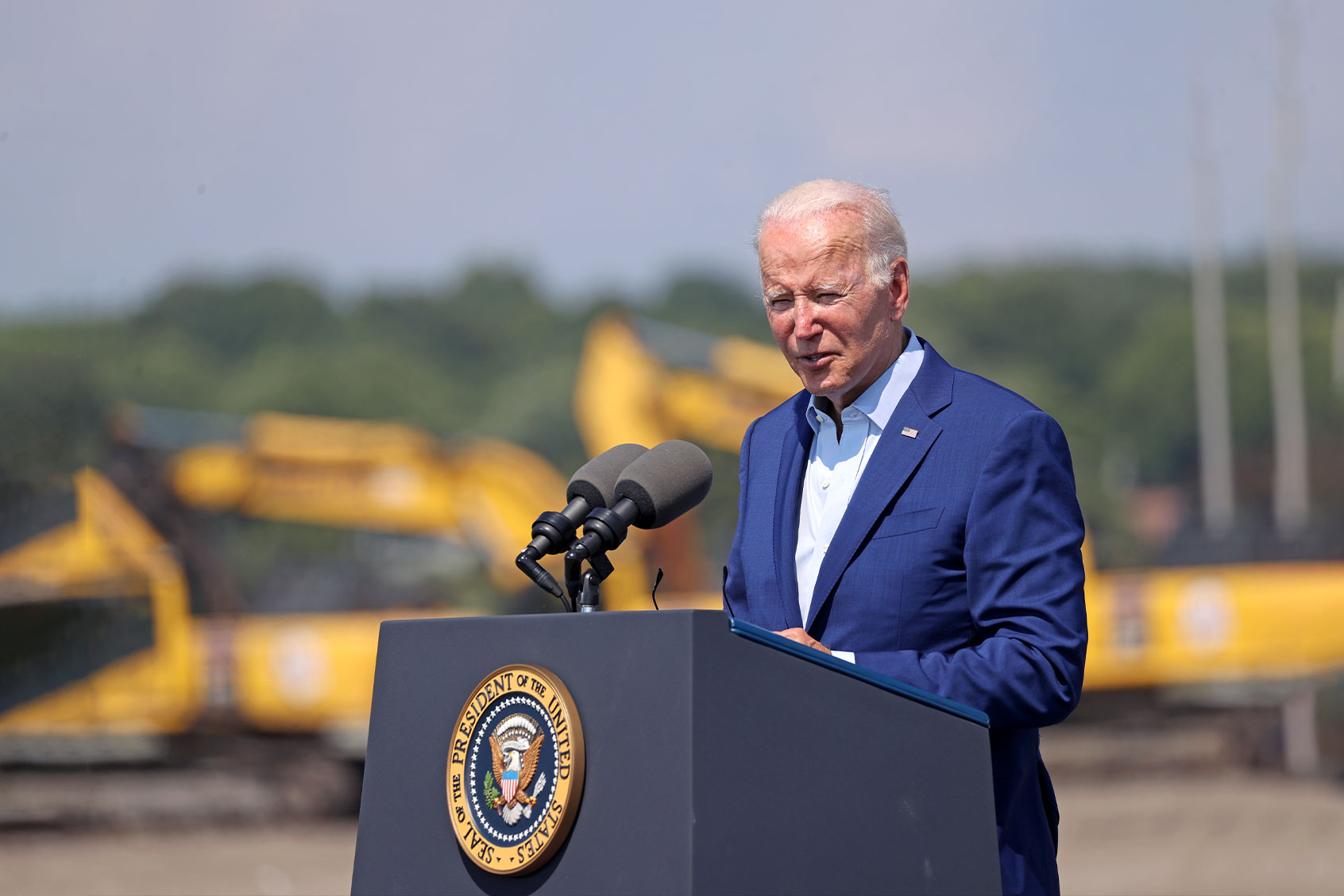 President Joe Biden traveled to Somerset, MA to deliver remarks on tackling the climate crisis and seizing the opportunity of a clean energy future to create jobs and lower costs for families. (David L. Ryan/The Boston Globe via Getty Images)
