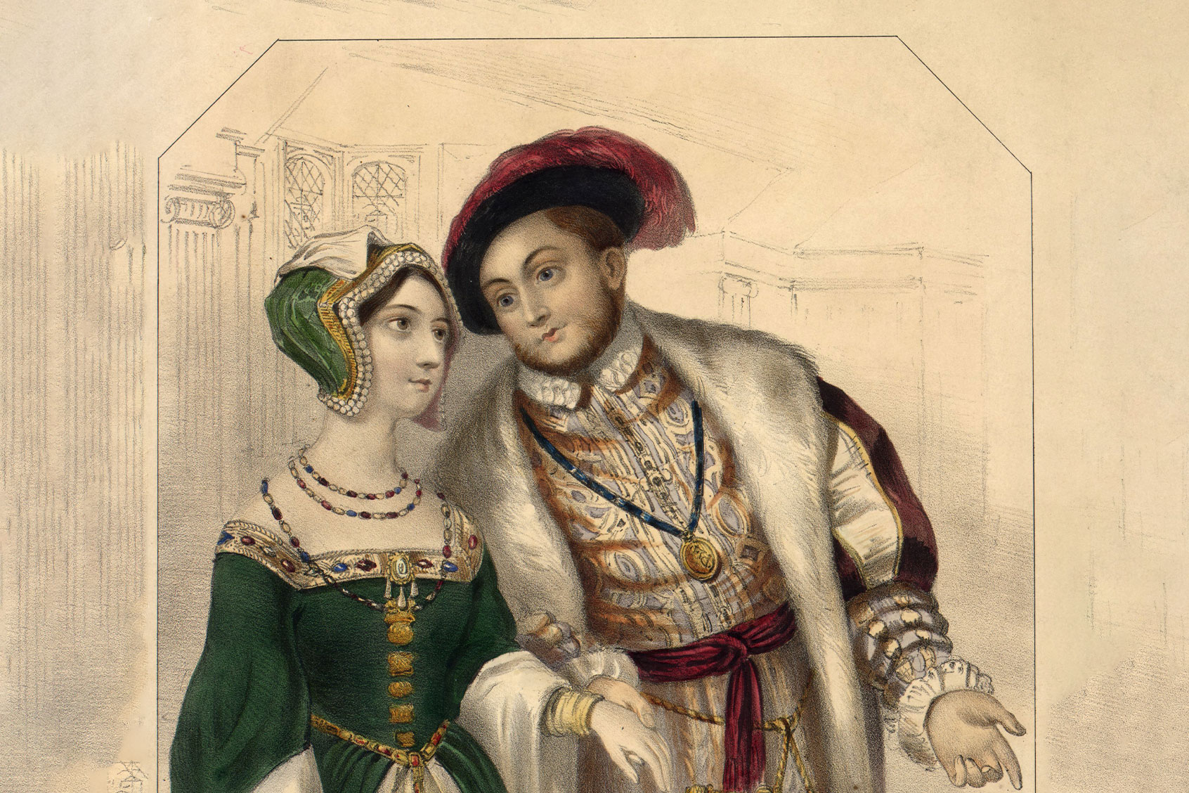 Circa 1535, King Henry VIII of England (1491 - 1547) and his second wife, Anne Boleyn (1507 - 1536). He had broken with the papacy following the divorce of his first wife, Catherine of Aragon in 1533. Anne Boleyn was beheaded in 1536 and Henry married Jane Seymour. (Hulton Archive/Getty Images)