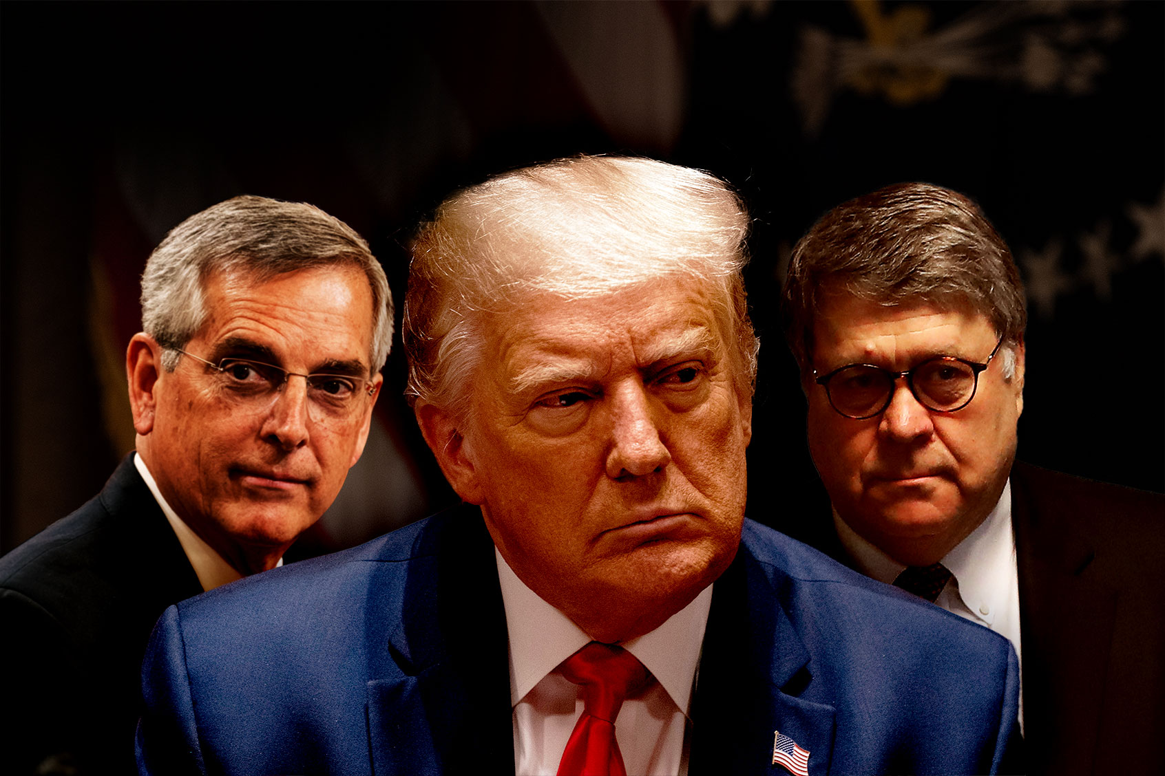 Brad Raffensperger, Donald Trump and Bill Barr (Photo illustration by Salon/Getty Images)