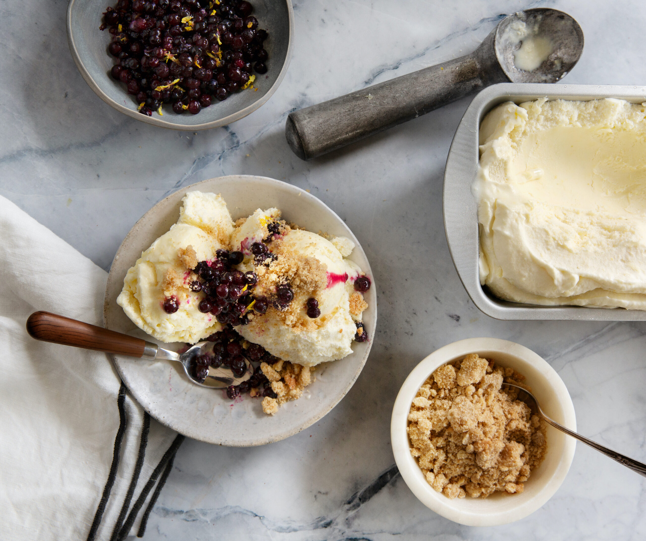 Sweet corn ice cream with crumble and wild blueberries (Clare Barboza)