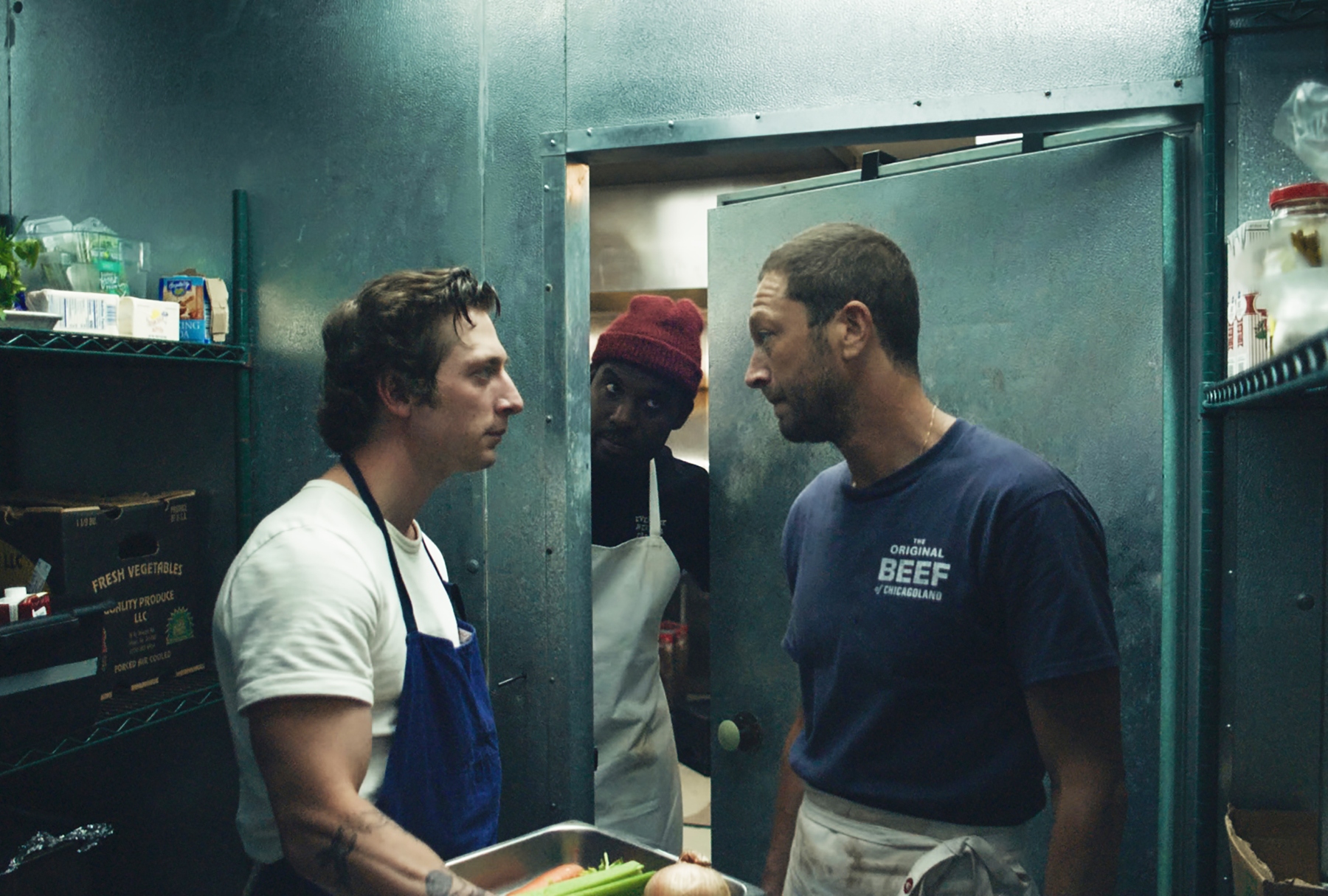 Jeremy Allen White as Carmy Berzatto, Lionel Boyce as Marcus, Ebon Moss-Bachrach as Richie Jerimovich in "The Bear" (FX)