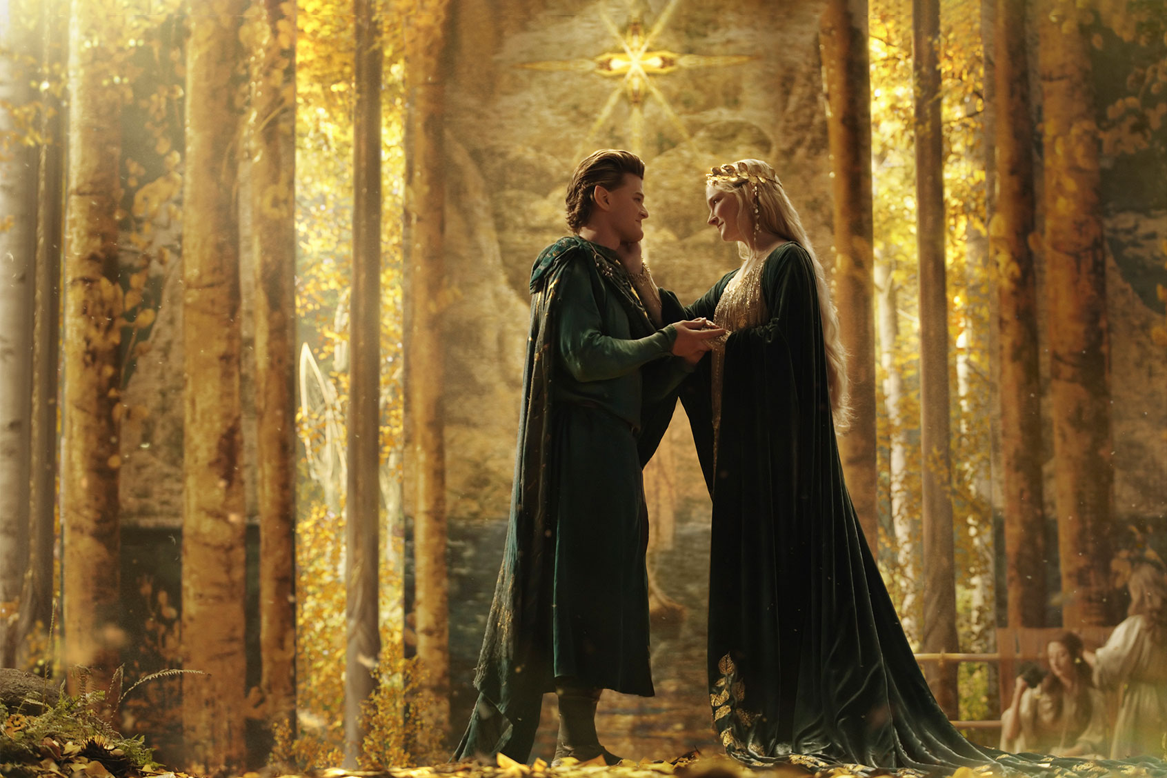 Robert Aramayo (Elrond), Morfydd Clark (Galadriel) in "The Lord of the Rings: The Rings of Power" (Ben Rothstein/Prime Video)