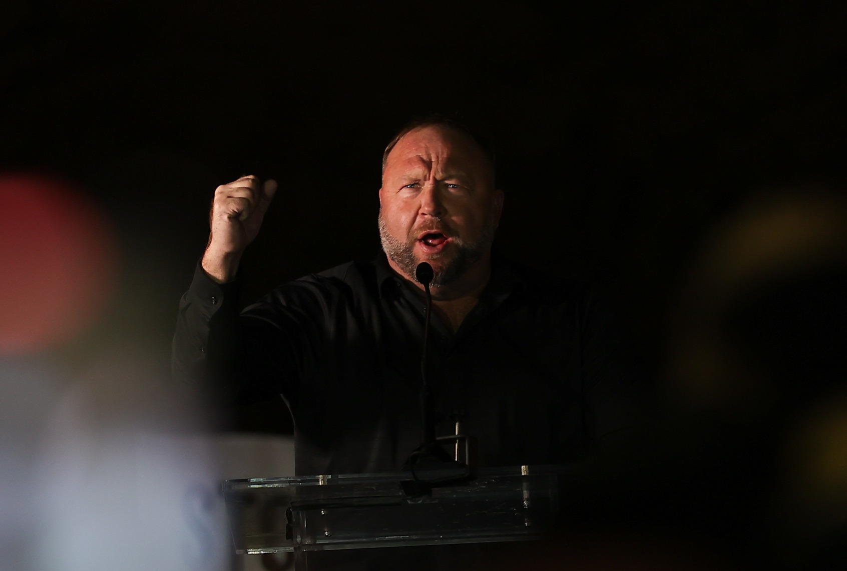 InfoWars website coordinator Alex Jones speeking to Trump supporters before Congress counts the Electoral College votes in Washington D.C., United States on January 05, 2021. (Tayfun Coskun/Anadolu Agency via Getty Images)
