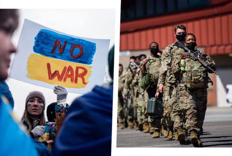 A woman holds a sign as she joins demonstrators gathering at the White House to protest against Russia's invasion of Ukraine on Thursday, Feb. 24, 2022 in Washington, DC. | US troops deploy to Germany to reassure NATO allies, deter Russian aggression, and be prepared to support a range of other requirements in the region on March 2, 2022 in Savannah, Georgia. (Photo illustration by Salon/Getty Images/Melissa Sue Gerrits/Kent Nishimura/Los Angeles Times)