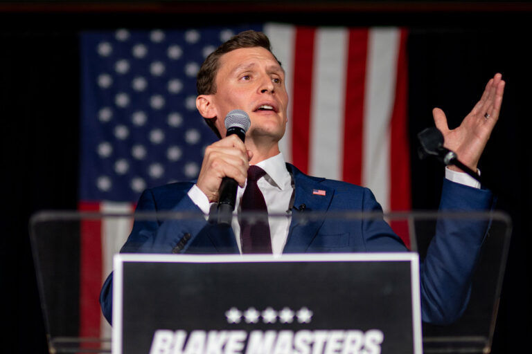 Republican U.S. senatorial candidate Blake Masters speaking during his election night watch party on August 02, 2022 in Chandler, Arizona. (Brandon Bell/Getty Images)