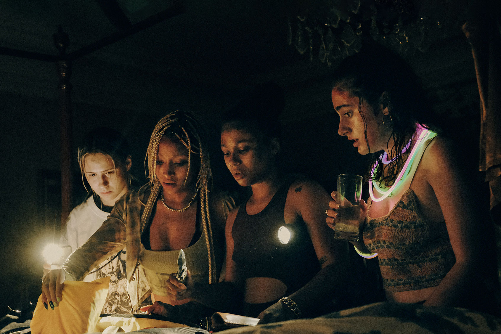 Maria Bakalova, Amandla Stenberg, Myha’la Herrold and Rachel Sennott in "Bodies Bodies Bodies" (Gwen Capistran/A24)