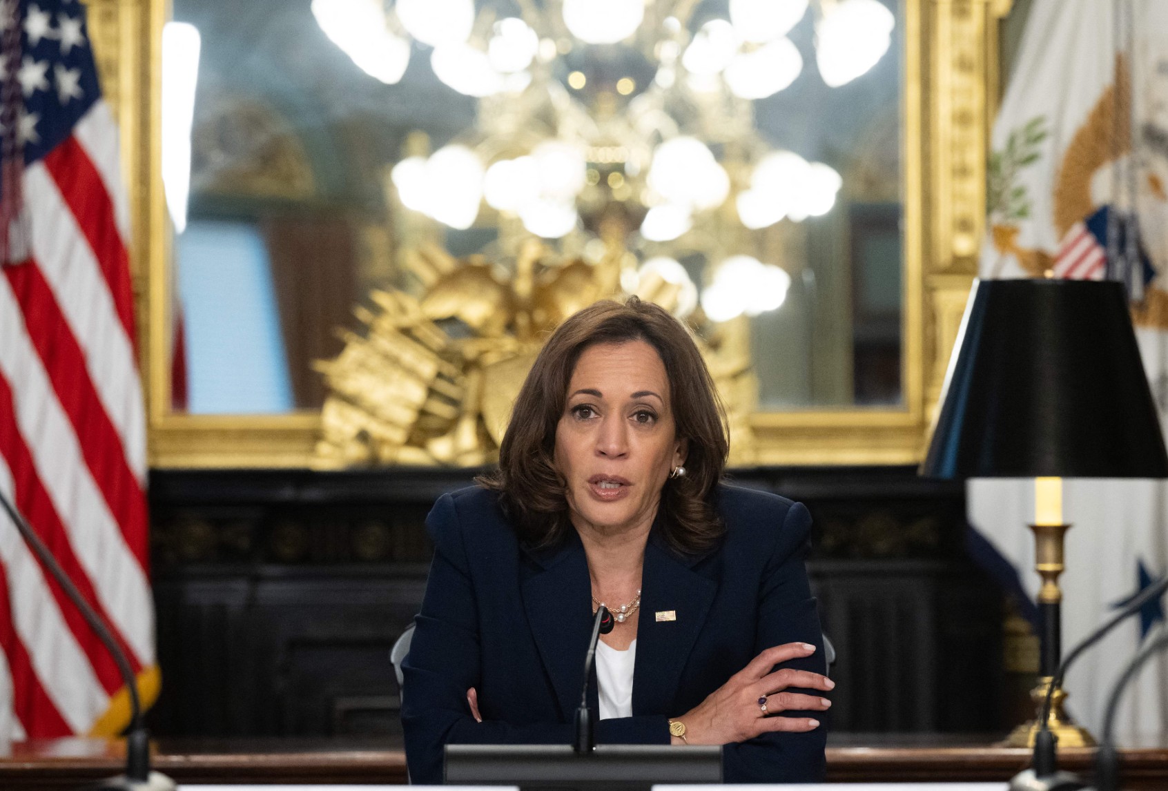 US Vice President Kamala Harris holds a meeting with Latina state legislators to discuss fortifying and protecting reproductive rights in their states, in the Eisenhower Executive Office Building in Washington, DC, August 5, 2022. (SAUL LOEB/AFP via Getty Images)