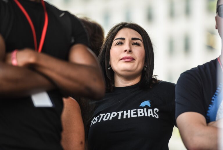 Laura Loomer waits backstage during a "Demand Free Speech" rally on Freedom Plaza on July 6, 2019 in Washington, DC. (Stephanie Keith/Getty Images)