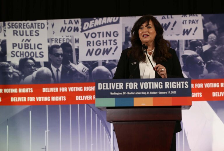 Virginia Kase Solomon, CEO of League of Women Voters, speaks onstage during press conference following the Peace Walk in celebration of Martin Luther King Jr. Day in Washington, DC at Union Station on January 17, 2022 in Washington, DC. (Brian Stukes/Getty Images)