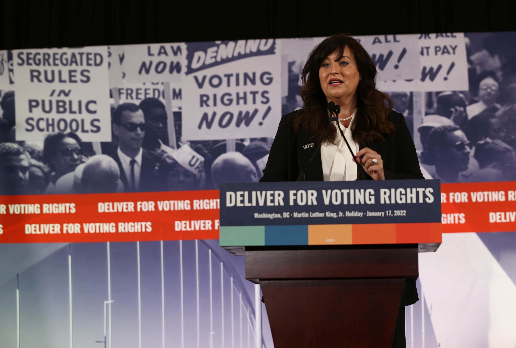 Virginia Kase Solomon, CEO of League of Women Voters, speaks onstage during press conference following the Peace Walk in celebration of Martin Luther King Jr. Day in Washington, DC at Union Station on January 17, 2022 in Washington, DC. (Brian Stukes/Getty Images)